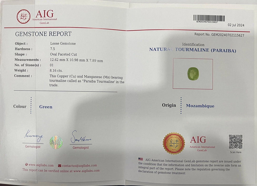 TOURMALINE PARAIBA  8.16 Cts.CERTIFIED