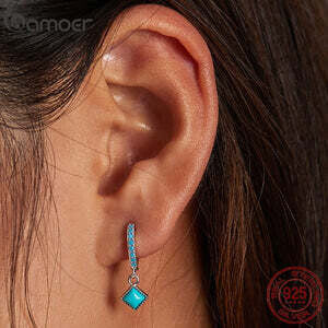 Vintage 925 Sterling Silver Ear Buckles with Simple Turquoise Pendant Drop Earrings