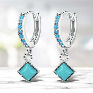 Vintage 925 Sterling Silver Ear Buckles with Simple Turquoise Pendant Drop Earrings