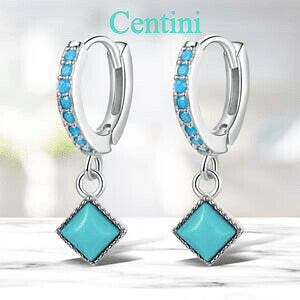 Vintage 925 Sterling Silver Ear Buckles with Simple Turquoise Pendant Drop Earrings