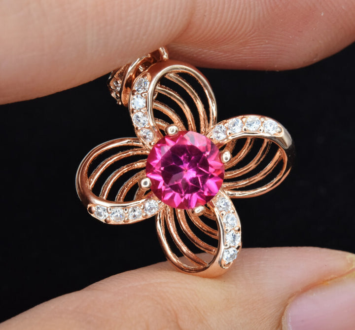 Charming Pink Topaz Open Flower Pendant - Elegant Floral Design