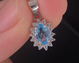 Elegant Natural Swiss Blue Topaz Pendant with White CZ in Sterling Silver 925