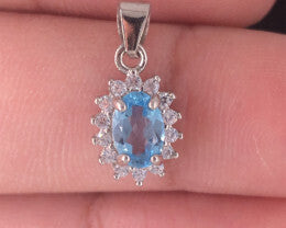 Elegant Natural Swiss Blue Topaz Pendant with White CZ in Sterling Silver 925