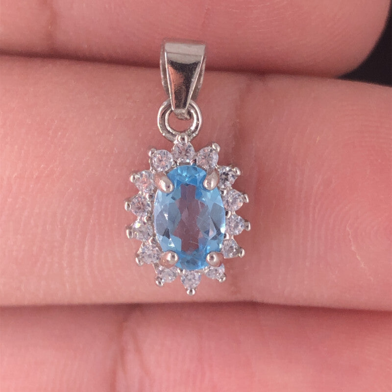 Elegant Natural Swiss Blue Topaz Pendant with White CZ in Sterling Silver 925