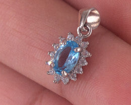 Elegant Natural Swiss Blue Topaz Pendant with White CZ in Sterling Silver 925